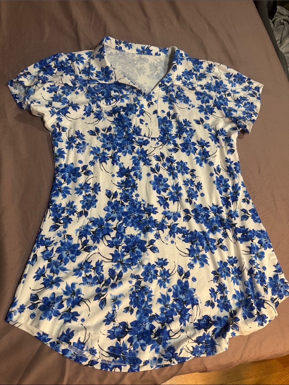 Women's Blue Floral Polo Top - White & Blue